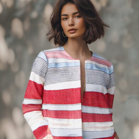 J. McLaughlin Davis Red Blue Cream Mixed Stripe Fringe hem Jacket, Size XS - Picture 3 of 8